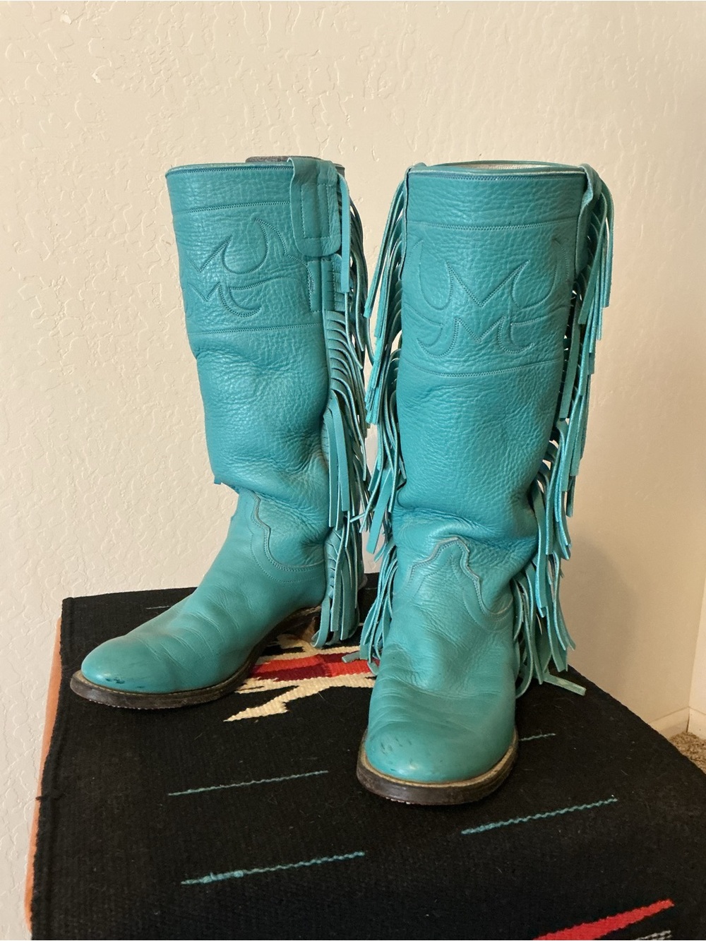 Olathe Boot Co. Turquoise Fringe Leather Heeled Cowgirl Boots